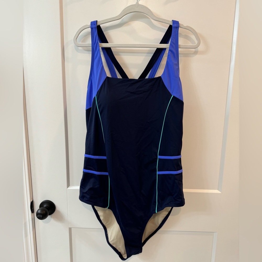 Swimsuits for All Blue Strappy Color Block One Piece Swimsuit Plus Size